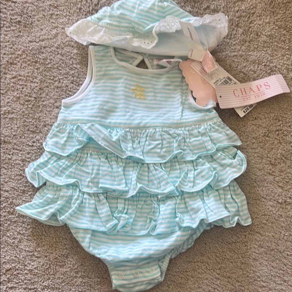 Chaps Baby Blue Striped Ruffle Romper with Hat